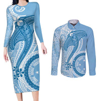 Micronesia FSM Couples Matching Long Sleeve Bodycon Dress and Long Sleeve Button Shirt Shark and Manta Classic Style LT7 Turquoise - Polynesian Pride