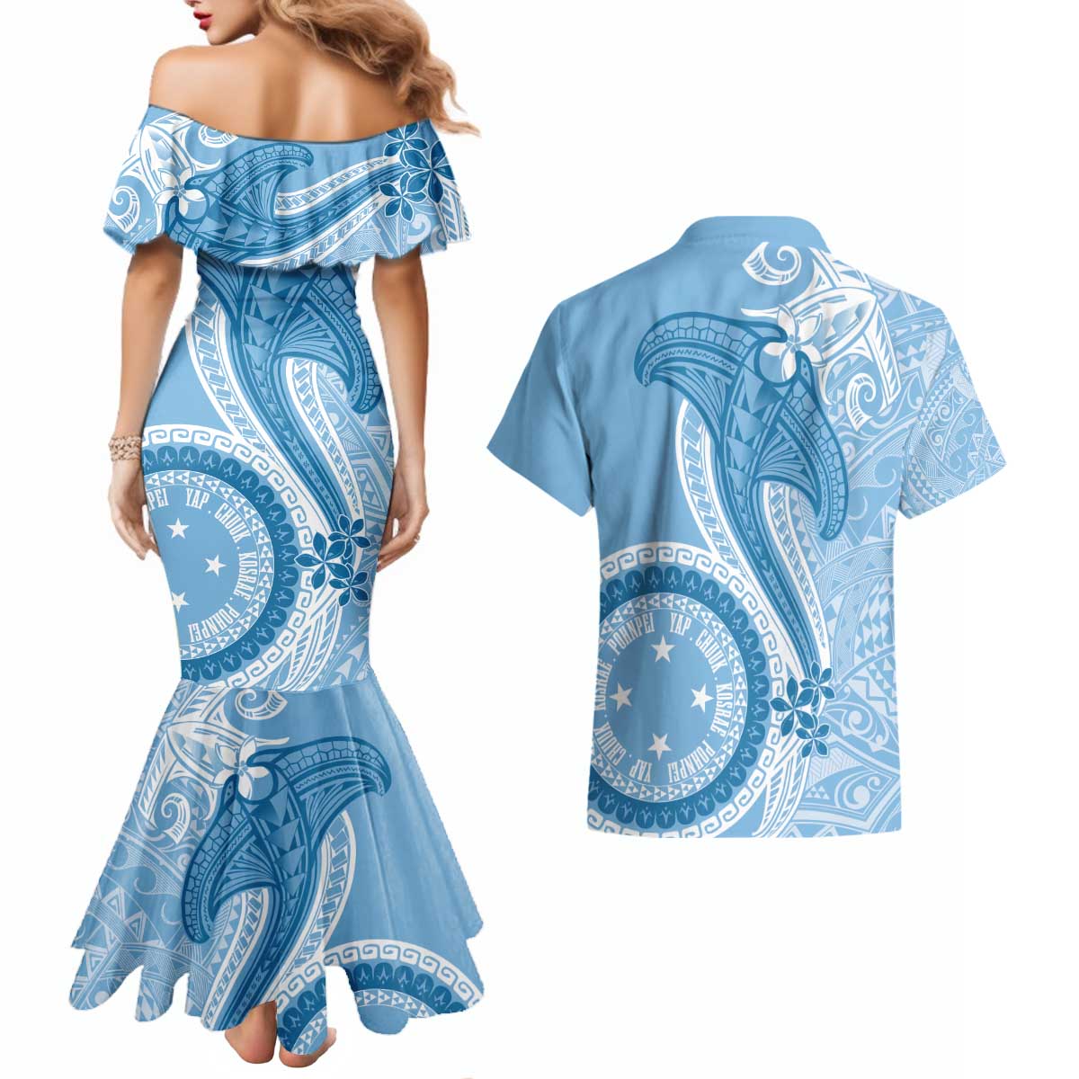 Micronesia FSM Couples Matching Mermaid Dress and Hawaiian Shirt Shark and Manta Classic Style LT7 - Polynesian Pride