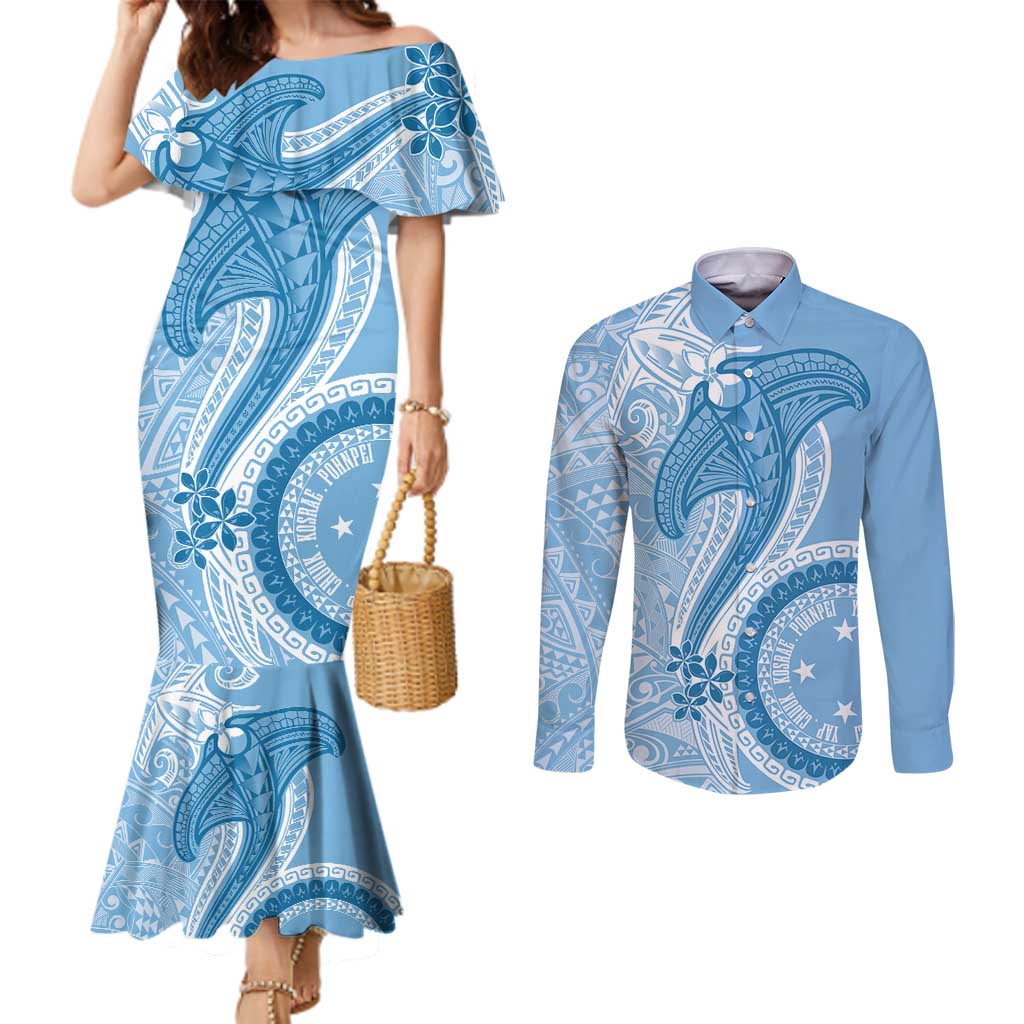 Micronesia FSM Couples Matching Mermaid Dress and Long Sleeve Button Shirt Shark and Manta Classic Style LT7 Turquoise - Polynesian Pride