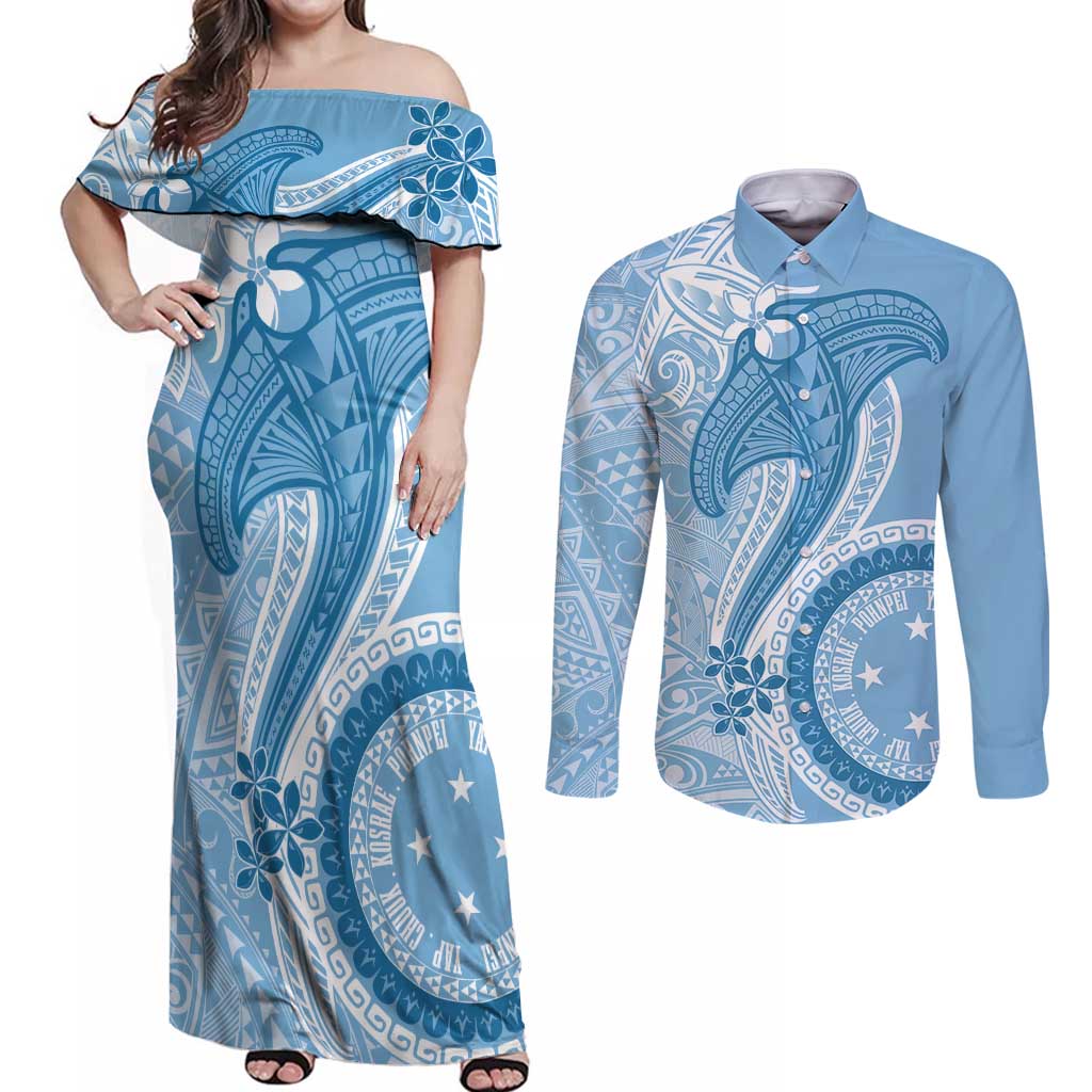Micronesia FSM Couples Matching Off Shoulder Maxi Dress and Long Sleeve Button Shirt Shark and Manta Classic Style LT7 Turquoise - Polynesian Pride