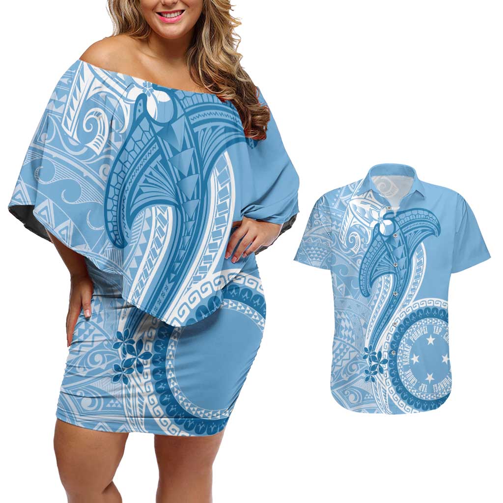 Micronesia FSM Couples Matching Off Shoulder Short Dress and Hawaiian Shirt Shark and Manta Classic Style LT7 Turquoise - Polynesian Pride