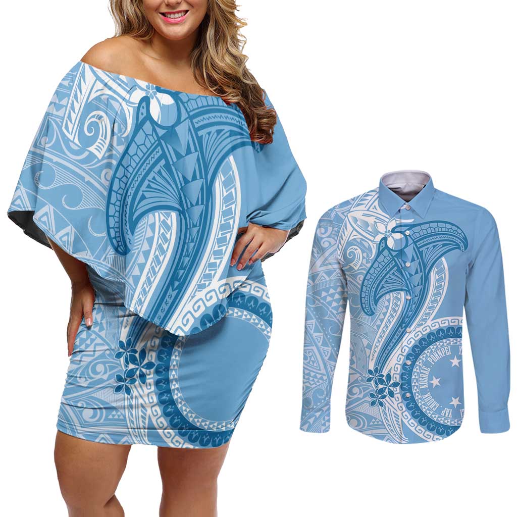 Micronesia FSM Couples Matching Off Shoulder Short Dress and Long Sleeve Button Shirt Shark and Manta Classic Style LT7 Turquoise - Polynesian Pride