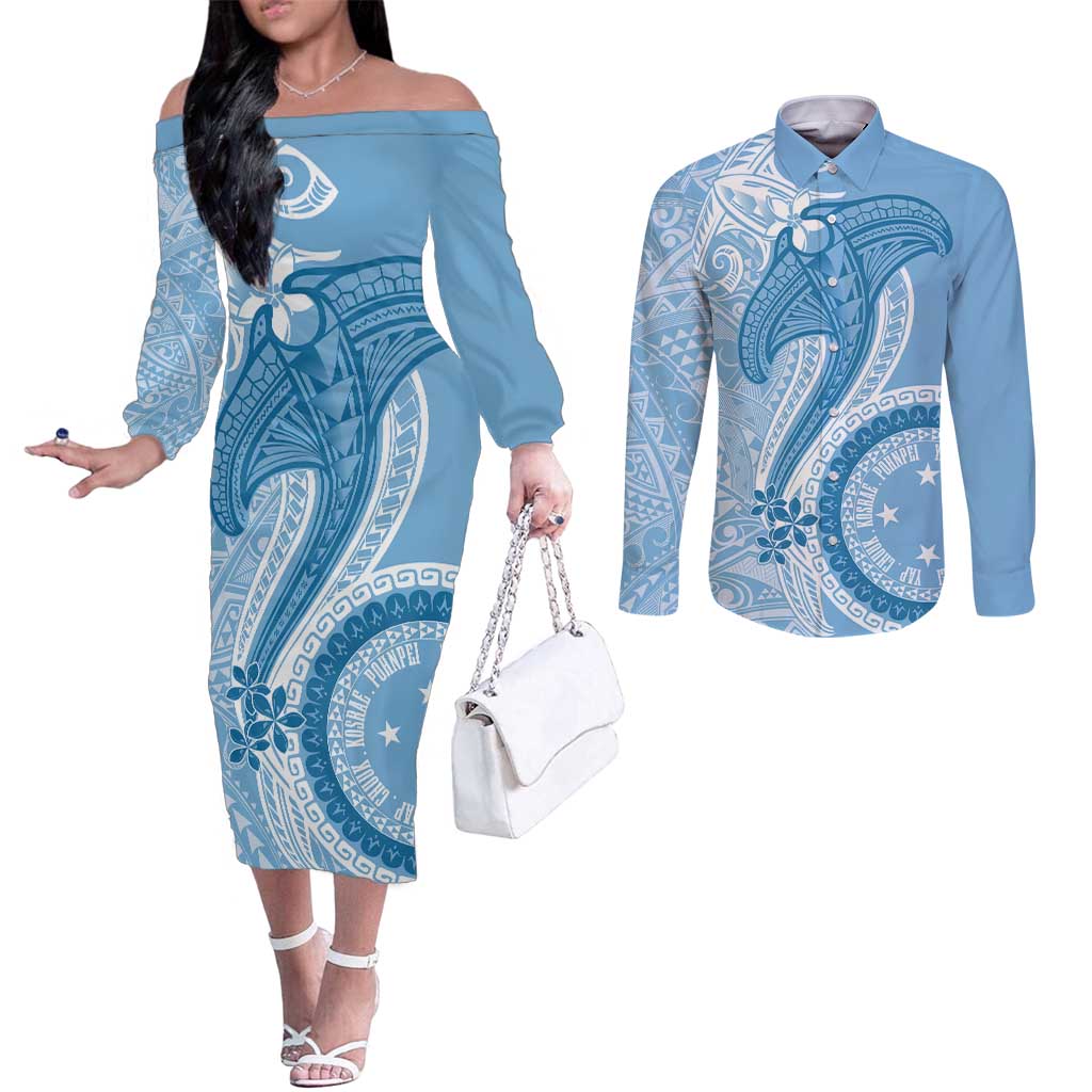 Micronesia FSM Couples Matching Off The Shoulder Long Sleeve Dress and Long Sleeve Button Shirt Shark and Manta Classic Style LT7 Turquoise - Polynesian Pride