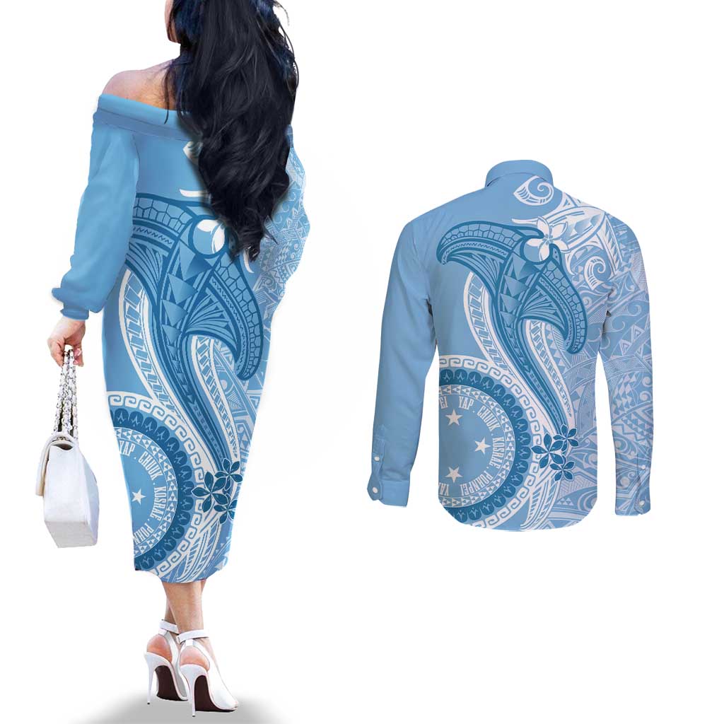 Micronesia FSM Couples Matching Off The Shoulder Long Sleeve Dress and Long Sleeve Button Shirt Shark and Manta Classic Style LT7 - Polynesian Pride