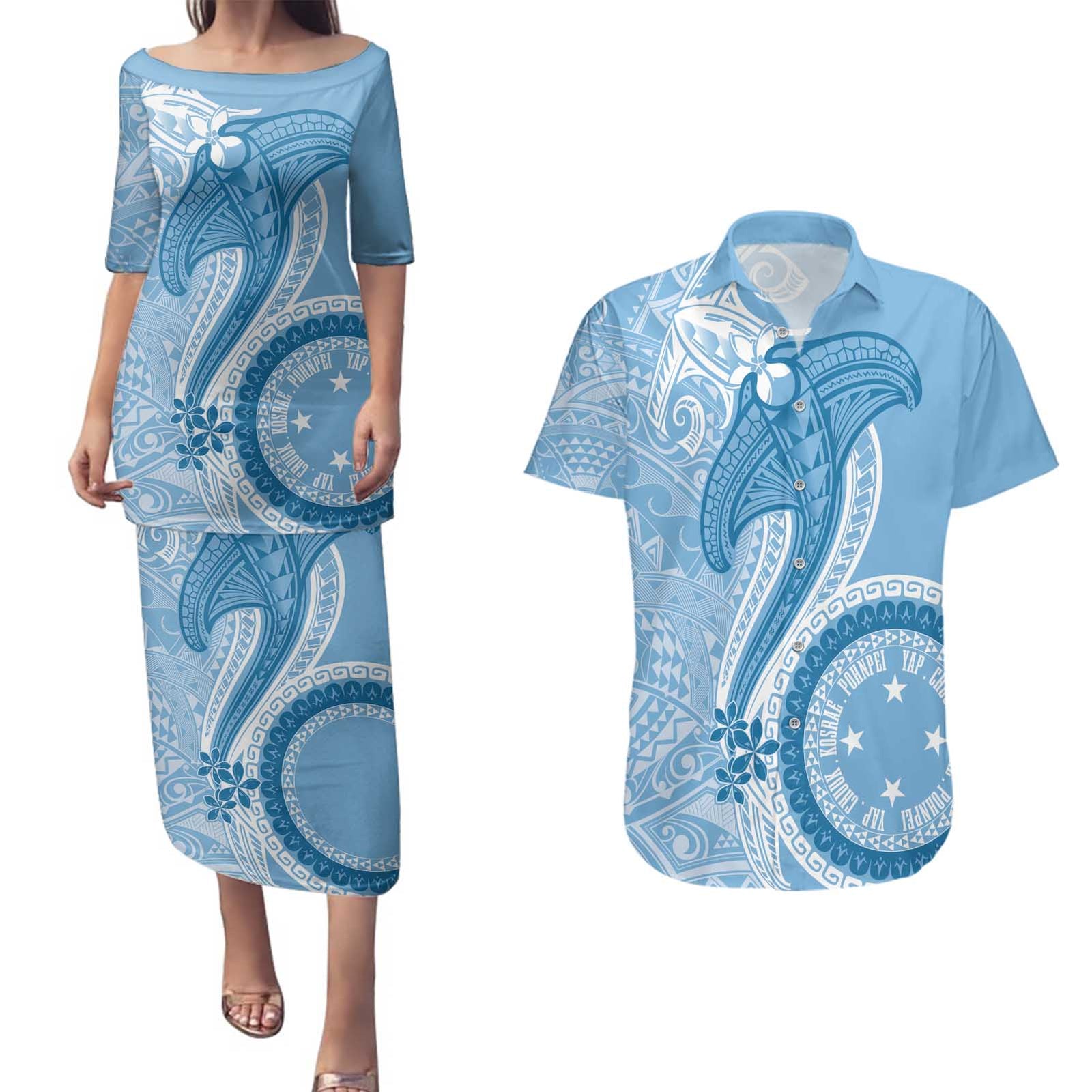 Micronesia FSM Couples Matching Puletasi and Hawaiian Shirt Shark and Manta Classic Style LT7 Turquoise - Polynesian Pride