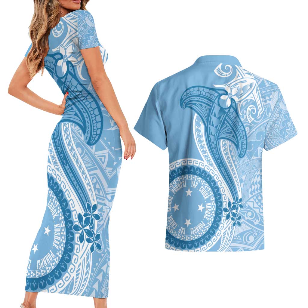Micronesia FSM Couples Matching Short Sleeve Bodycon Dress and Hawaiian Shirt Shark and Manta Classic Style LT7 - Polynesian Pride