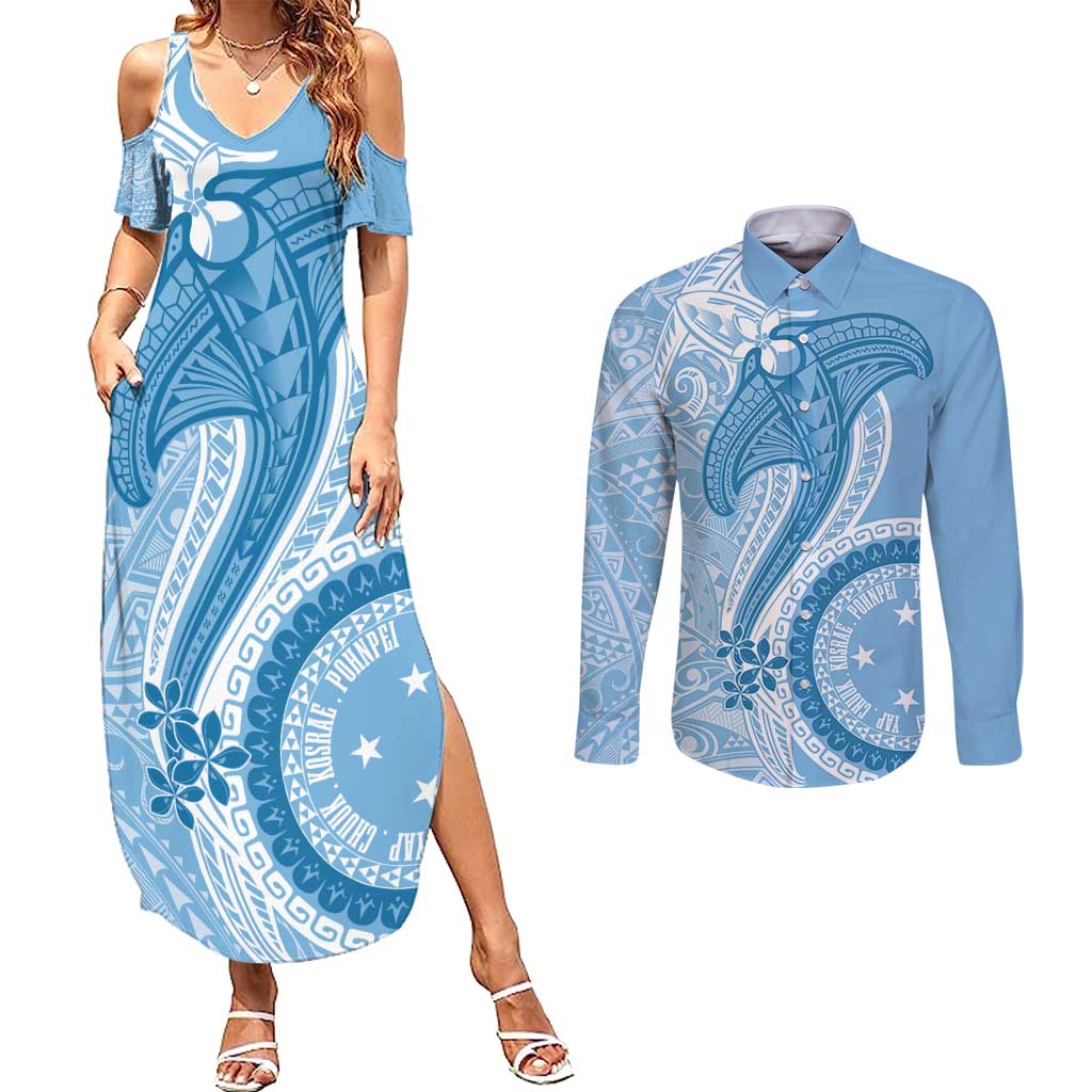 Micronesia FSM Couples Matching Summer Maxi Dress and Long Sleeve Button Shirt Shark and Manta Classic Style LT7 Turquoise - Polynesian Pride
