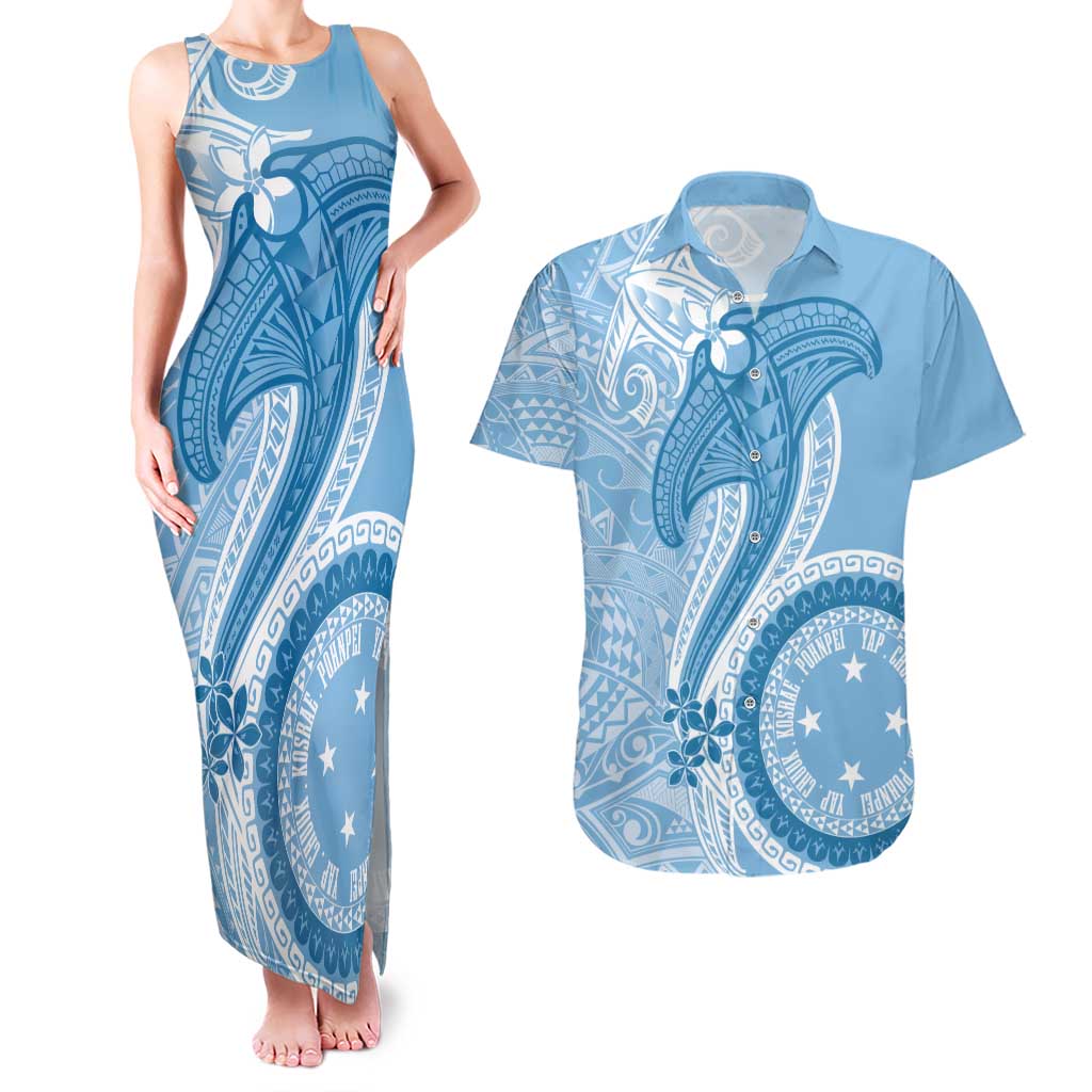 Micronesia FSM Couples Matching Tank Maxi Dress and Hawaiian Shirt Shark and Manta Classic Style LT7 Turquoise - Polynesian Pride