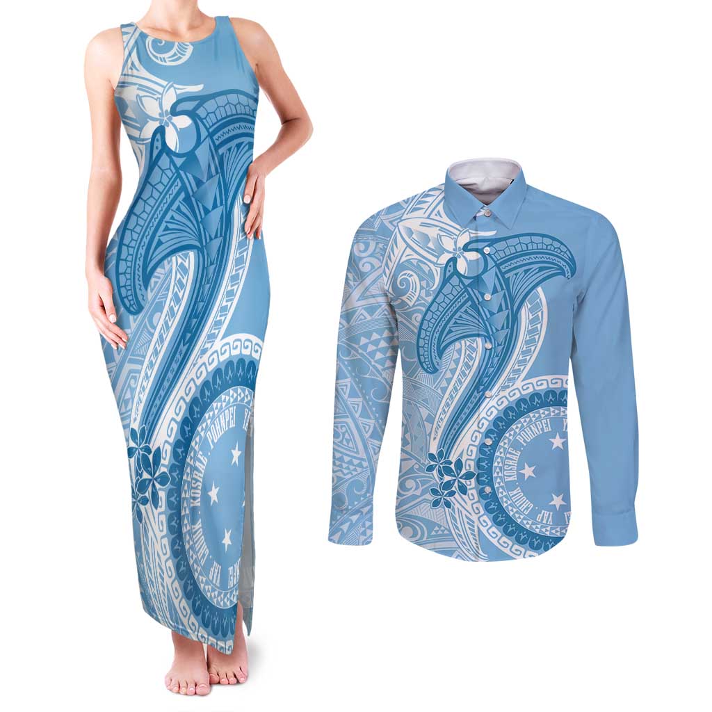 Micronesia FSM Couples Matching Tank Maxi Dress and Long Sleeve Button Shirt Shark and Manta Classic Style LT7 Turquoise - Polynesian Pride