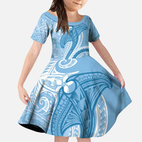 Micronesia FSM Family Matching Long Sleeve Bodycon Dress and Hawaiian Shirt Shark and Manta Classic Style LT7 Daughter's Dress Turquoise - Polynesian Pride