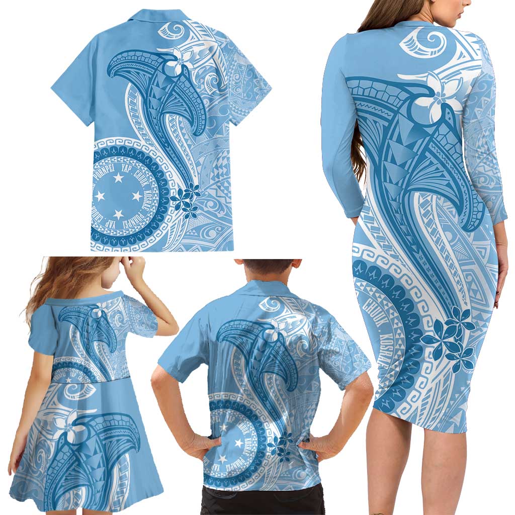 Micronesia FSM Family Matching Long Sleeve Bodycon Dress and Hawaiian Shirt Shark and Manta Classic Style LT7 - Polynesian Pride