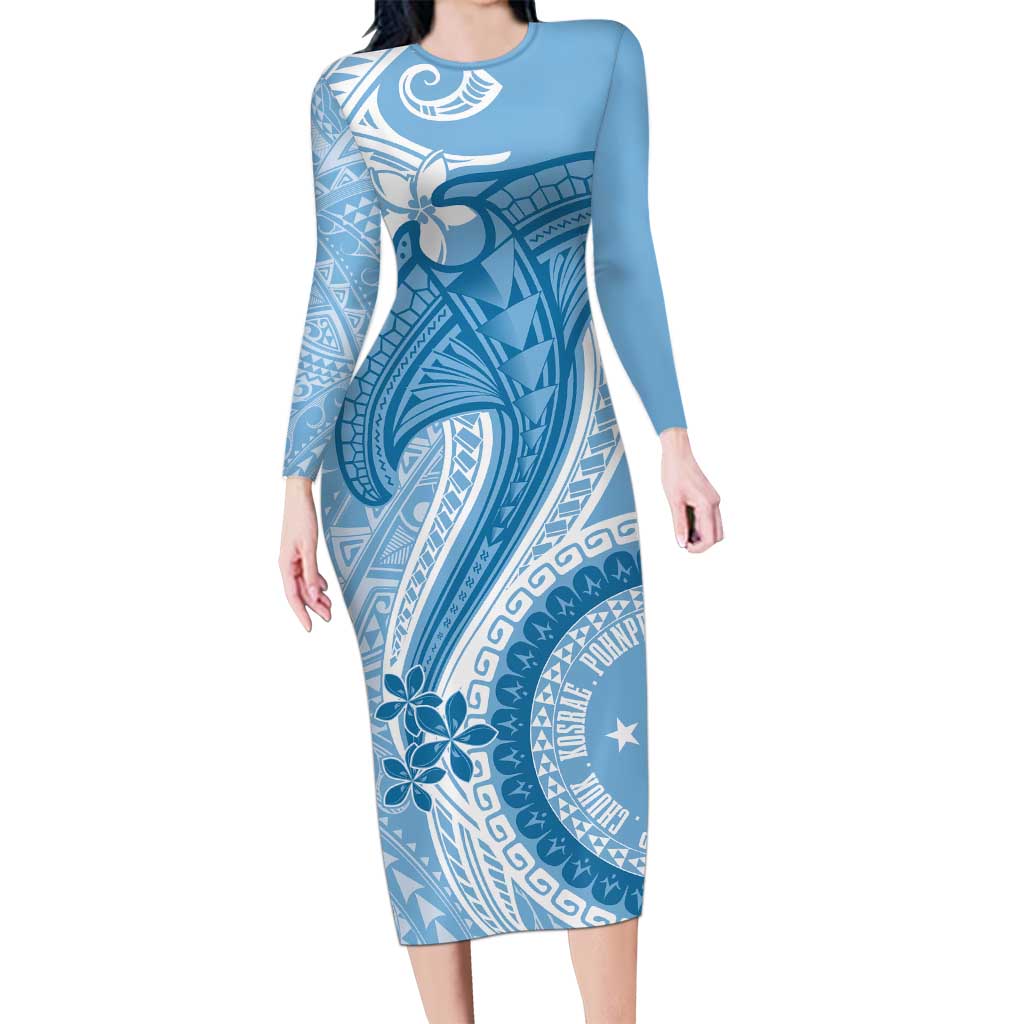 Micronesia FSM Family Matching Long Sleeve Bodycon Dress and Hawaiian Shirt Shark and Manta Classic Style LT7 Mom's Dress Turquoise - Polynesian Pride