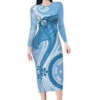 Micronesia FSM Family Matching Long Sleeve Bodycon Dress and Hawaiian Shirt Shark and Manta Classic Style LT7 Mom's Dress Turquoise - Polynesian Pride