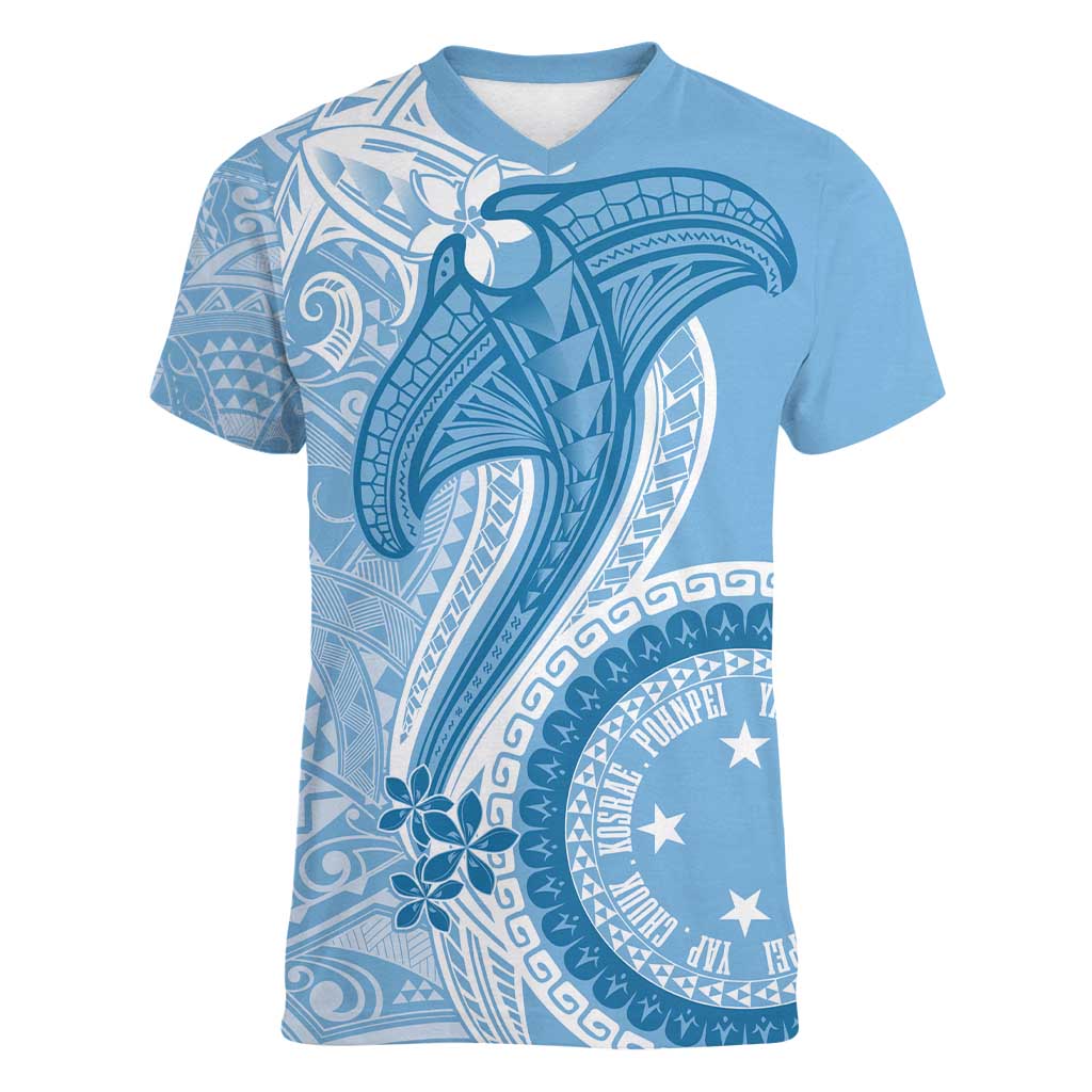 Micronesia FSM Women V-Neck T-Shirt Shark and Manta Classic Style LT7 Female Turquoise - Polynesian Pride