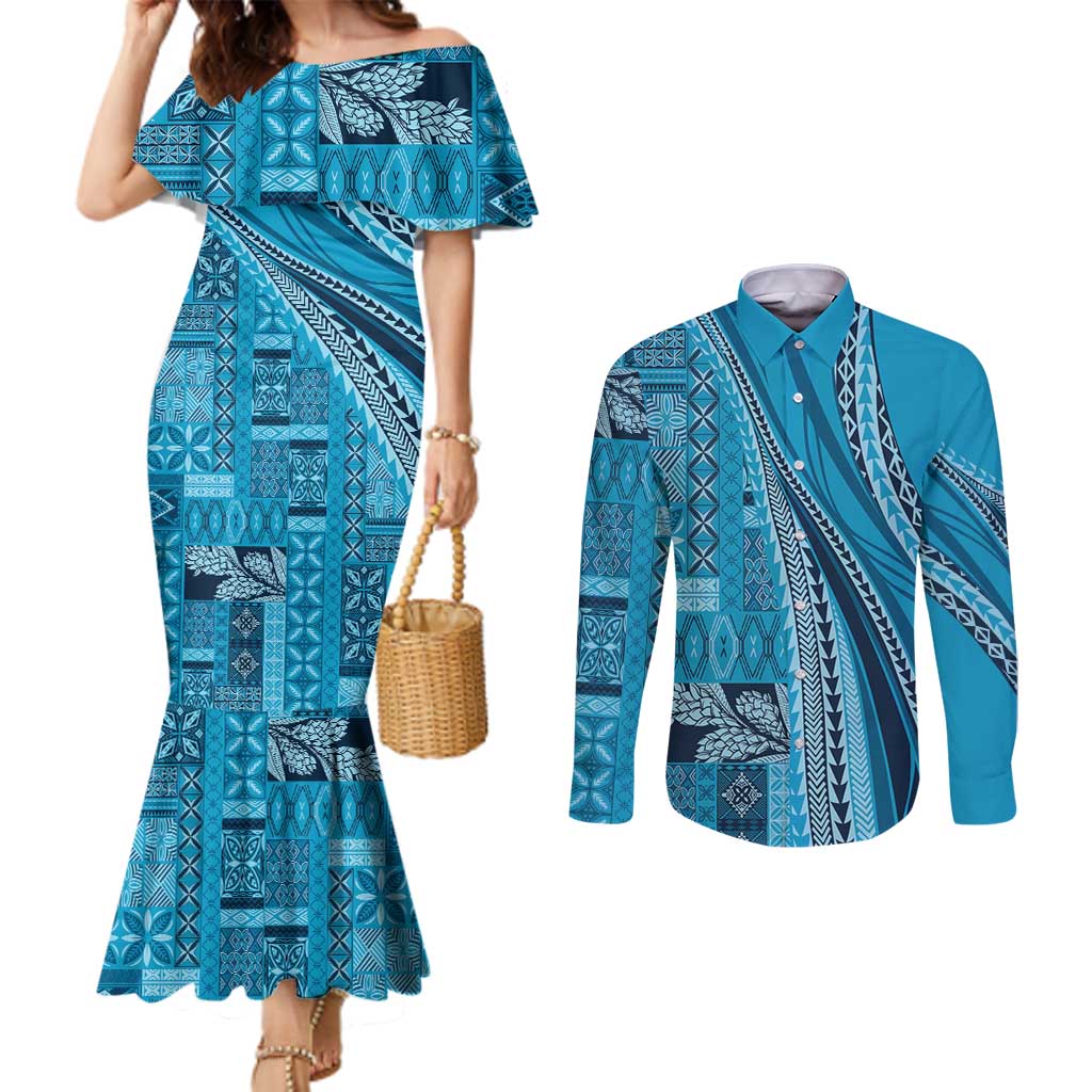 Pasifika Women's Day - Samoa Siapo Malu Tattoo Inspired Couples Matching Mermaid Dress and Long Sleeve Button Shirt Turquoise LT7 Turquoise - Polynesian Pride