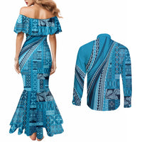 Pasifika Women's Day - Samoa Siapo Malu Tattoo Inspired Couples Matching Mermaid Dress and Long Sleeve Button Shirt Turquoise LT7 - Polynesian Pride