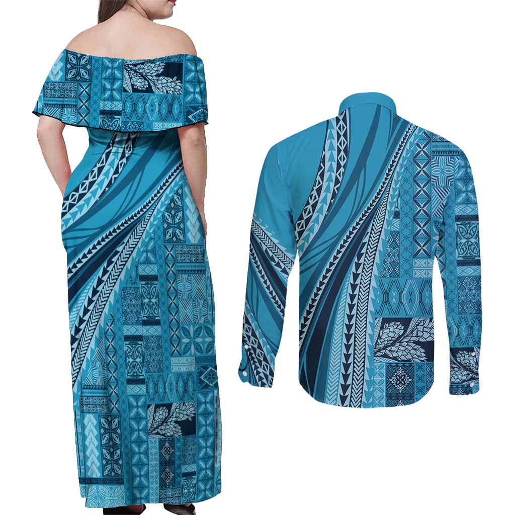 Pasifika Women's Day - Samoa Siapo Malu Tattoo Inspired Couples Matching Off Shoulder Maxi Dress and Long Sleeve Button Shirt Turquoise LT7 - Polynesian Pride