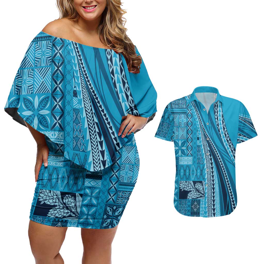 Pasifika Women's Day - Samoa Siapo Malu Tattoo Inspired Couples Matching Off Shoulder Short Dress and Hawaiian Shirt Turquoise
