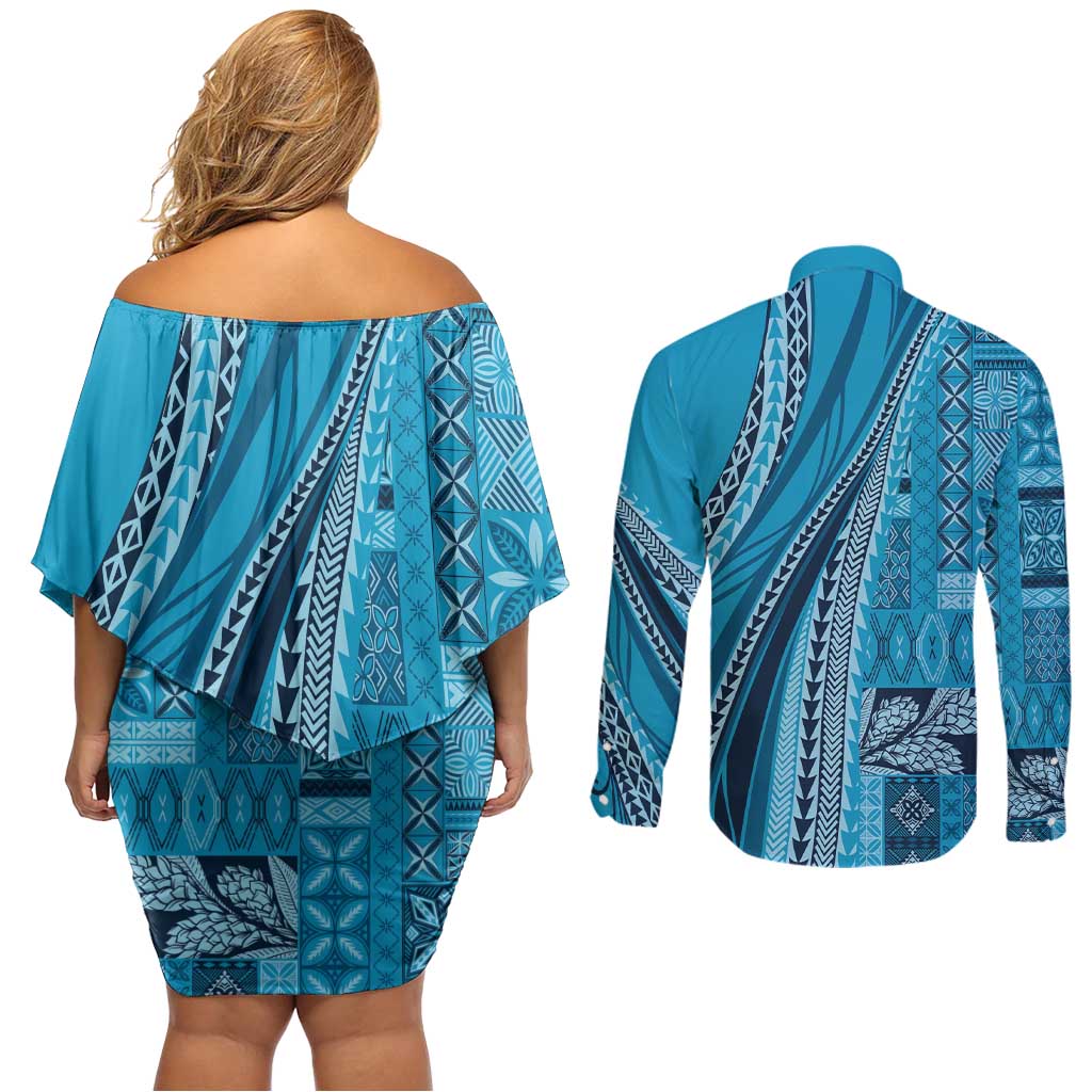 Pasifika Women's Day - Samoa Siapo Malu Tattoo Inspired Couples Matching Off Shoulder Short Dress and Long Sleeve Button Shirt Turquoise LT7 - Polynesian Pride