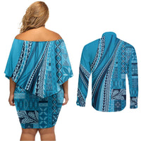 Pasifika Women's Day - Samoa Siapo Malu Tattoo Inspired Couples Matching Off Shoulder Short Dress and Long Sleeve Button Shirt Turquoise LT7 - Polynesian Pride