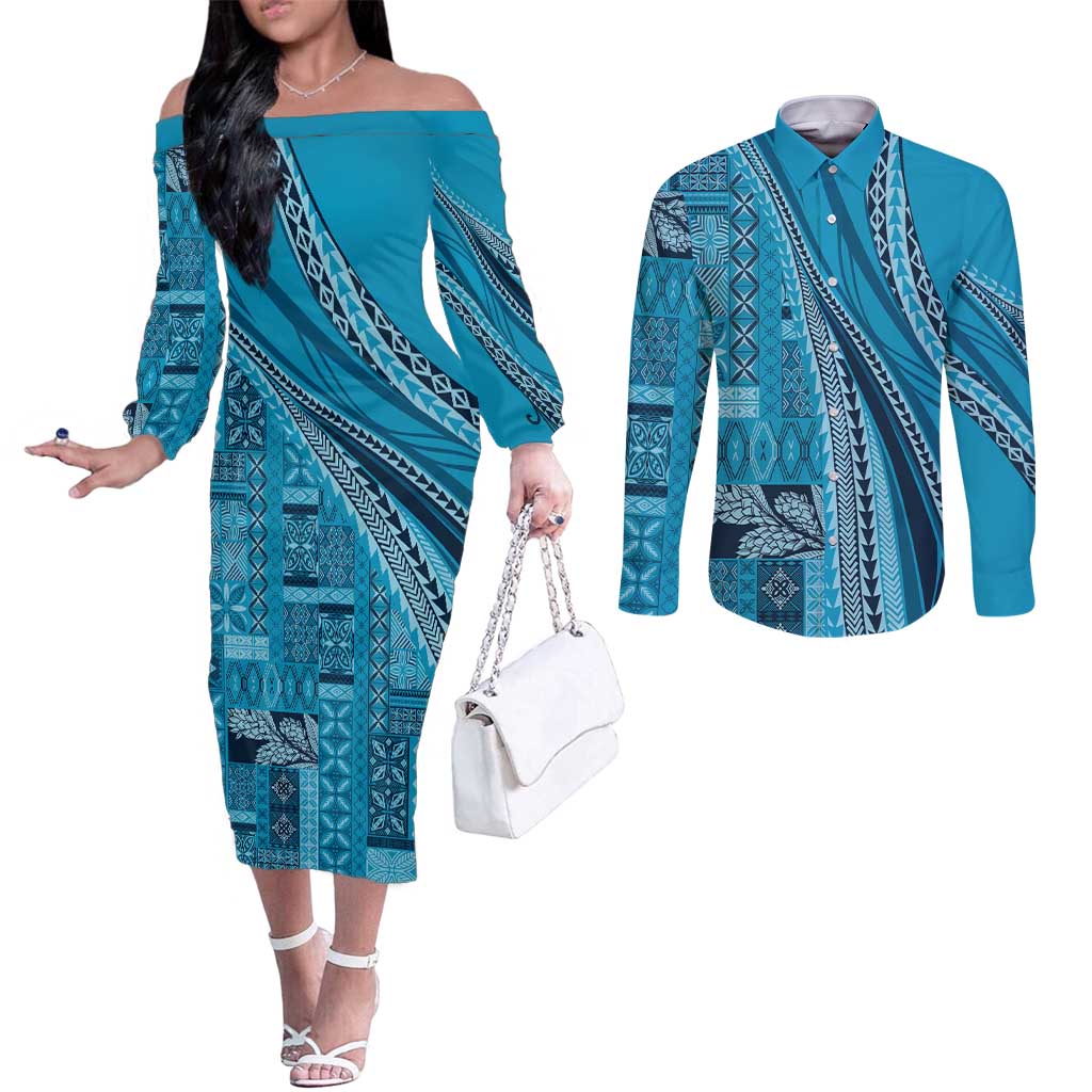 Pasifika Women's Day - Samoa Siapo Malu Tattoo Inspired Couples Matching Off The Shoulder Long Sleeve Dress and Long Sleeve Button Shirt Turquoise LT7 Turquoise - Polynesian Pride