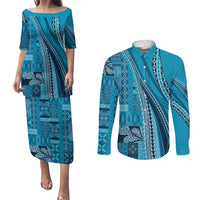 Pasifika Women's Day - Samoa Siapo Malu Tattoo Inspired Couples Matching Puletasi and Long Sleeve Button Shirt Turquoise