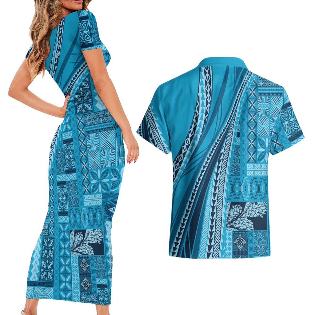 Pasifika Women's Day - Samoa Siapo Malu Tattoo Inspired Couples Matching Short Sleeve Bodycon Dress and Hawaiian Shirt Turquoise LT7 - Polynesian Pride