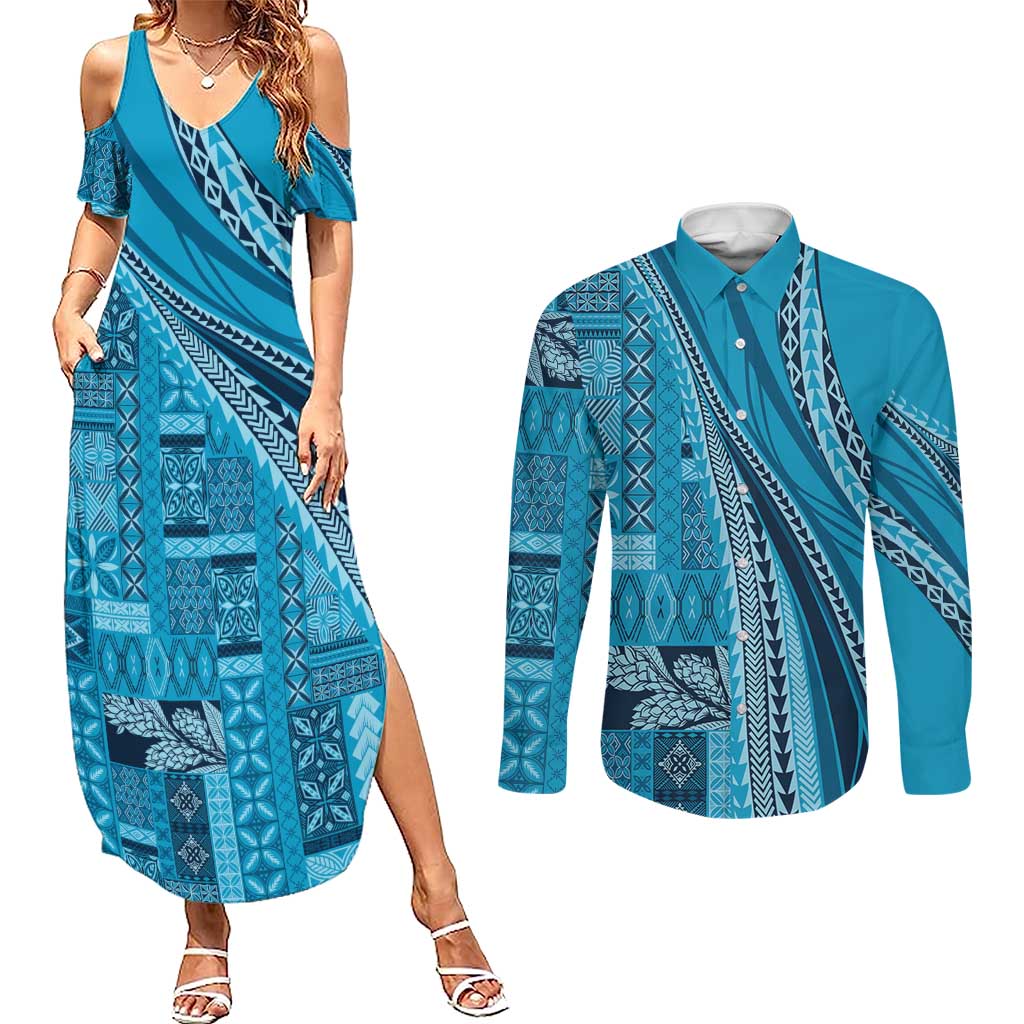 Pasifika Women's Day - Samoa Siapo Malu Tattoo Inspired Couples Matching Summer Maxi Dress and Long Sleeve Button Shirt Turquoise LT7 Turquoise - Polynesian Pride