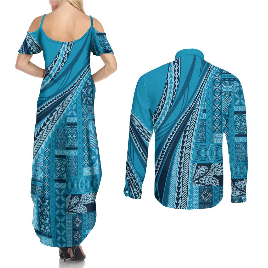 Pasifika Women's Day - Samoa Siapo Malu Tattoo Inspired Couples Matching Summer Maxi Dress and Long Sleeve Button Shirt Turquoise LT7 - Polynesian Pride