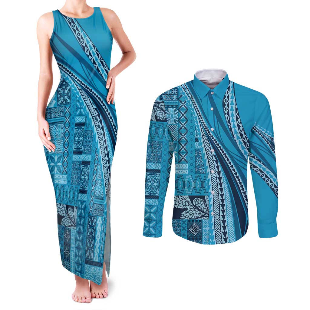Pasifika Women's Day - Samoa Siapo Malu Tattoo Inspired Couples Matching Tank Maxi Dress and Long Sleeve Button Shirt Turquoise