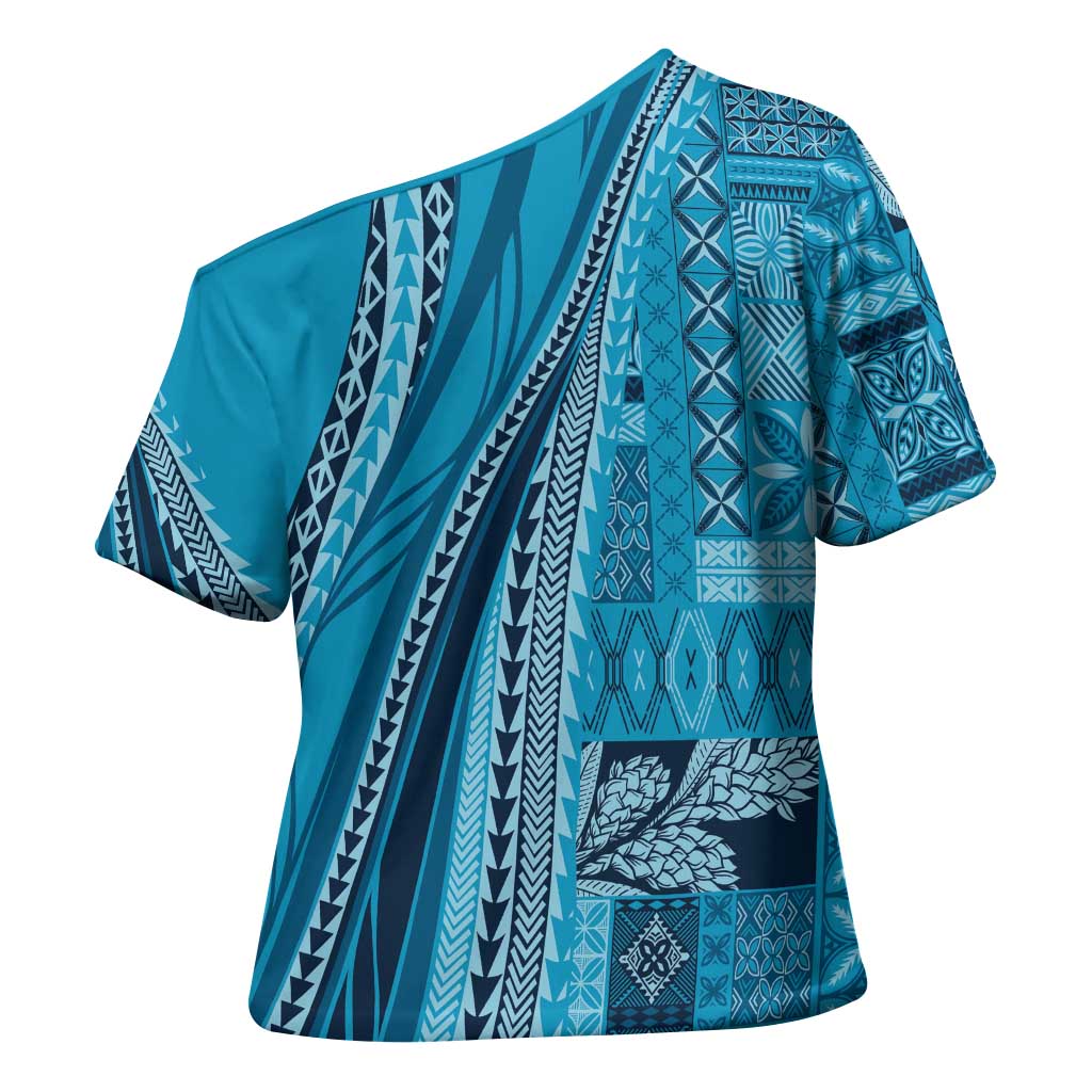 Pasifika Women's Day - Samoa Siapo Malu Tattoo Inspired Cross Shoulder Shirt Turquoise