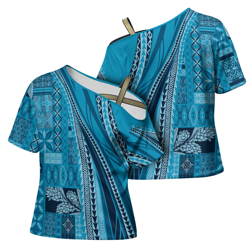 Pasifika Women's Day - Samoa Siapo Malu Tattoo Inspired Cross Shoulder Shirt Turquoise