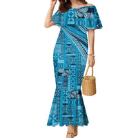 Pasifika Women's Day - Samoa Siapo Malu Tattoo Inspired Family Matching Mermaid Dress and Hawaiian Shirt Turquoise
