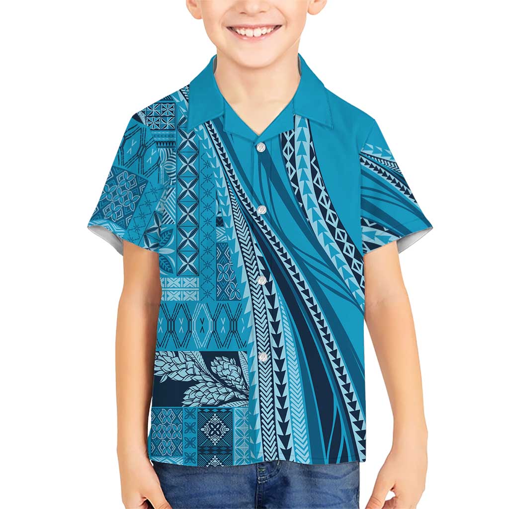 Pasifika Women's Day - Samoa Siapo Malu Tattoo Inspired Family Matching Off The Shoulder Long Sleeve Dress and Hawaiian Shirt Turquoise LT7 Son's Shirt Turquoise - Polynesian Pride