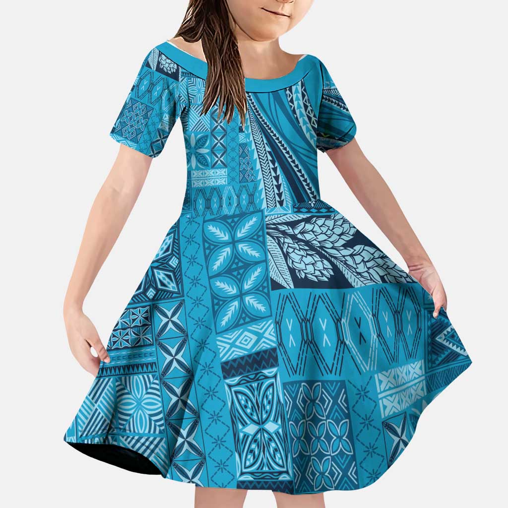 Pasifika Women's Day - Samoa Siapo Malu Tattoo Inspired Family Matching Off Shoulder Short Dress and Hawaiian Shirt Turquoise