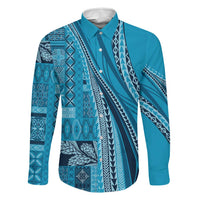 Pasifika Women's Day - Samoa Siapo Malu Tattoo Inspired Family Matching Puletasi and Hawaiian Shirt Turquoise LT7 Dad's Shirt - Long Sleeve Turquoise - Polynesian Pride
