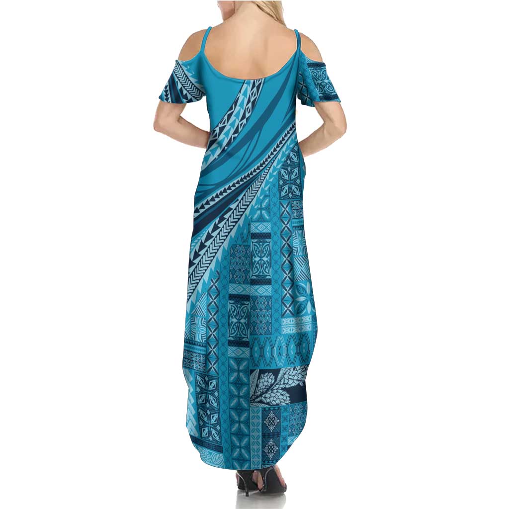 Pasifika Women's Day - Samoa Siapo Malu Tattoo Inspired Family Matching Summer Maxi Dress and Hawaiian Shirt Turquoise