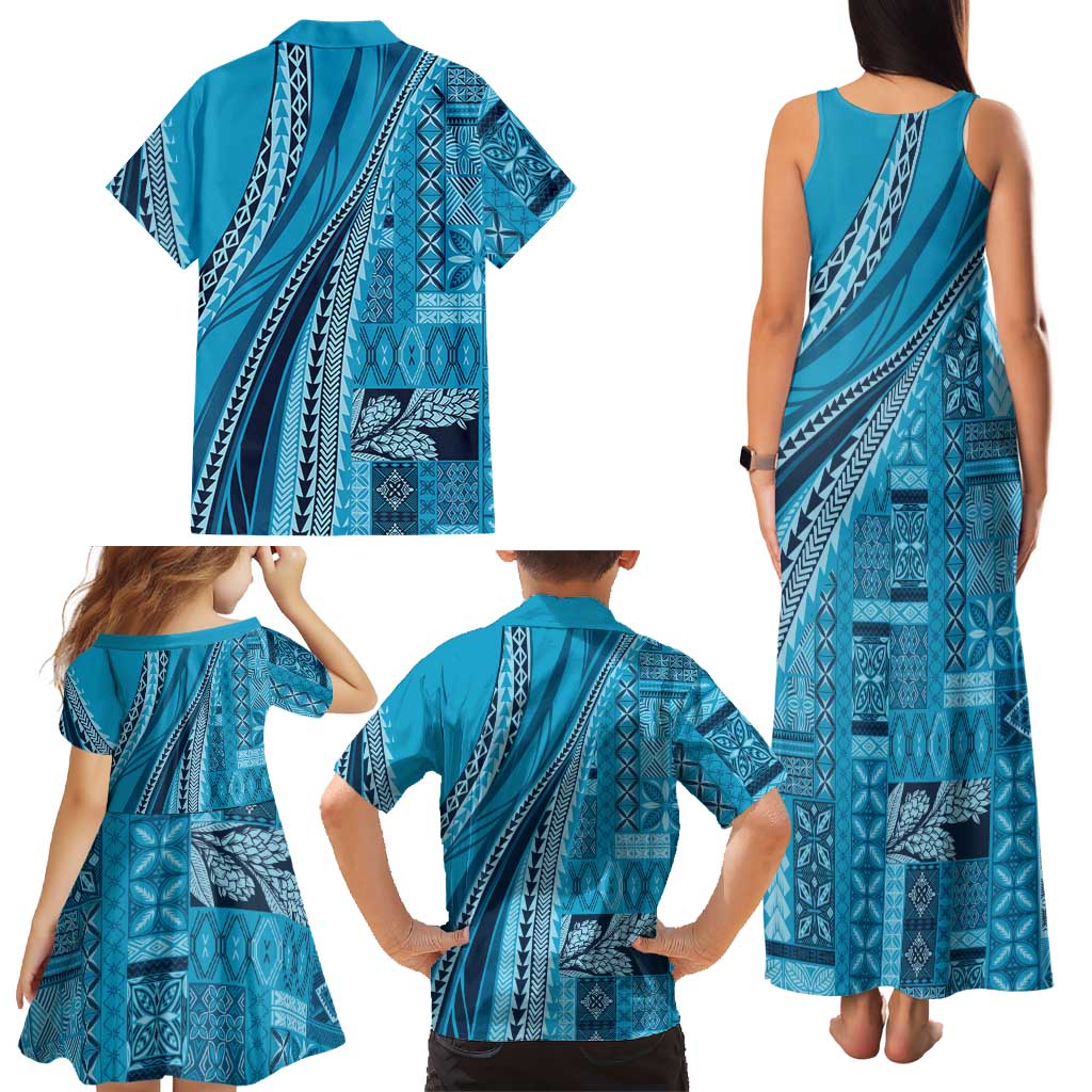 Pasifika Women's Day - Samoa Siapo Malu Tattoo Inspired Family Matching Tank Maxi Dress and Hawaiian Shirt Turquoise