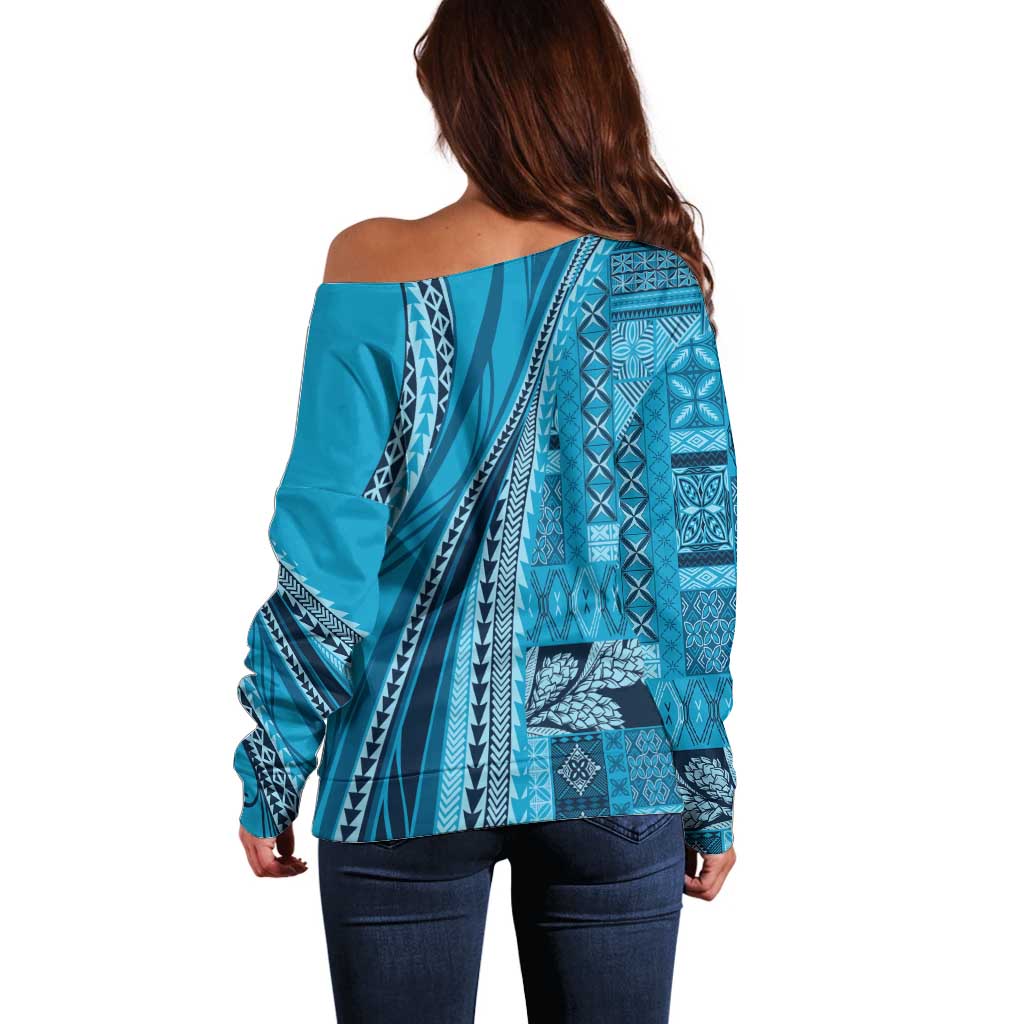 Pasifika Women's Day - Samoa Siapo Malu Tattoo Inspired Off Shoulder Sweater Turquoise