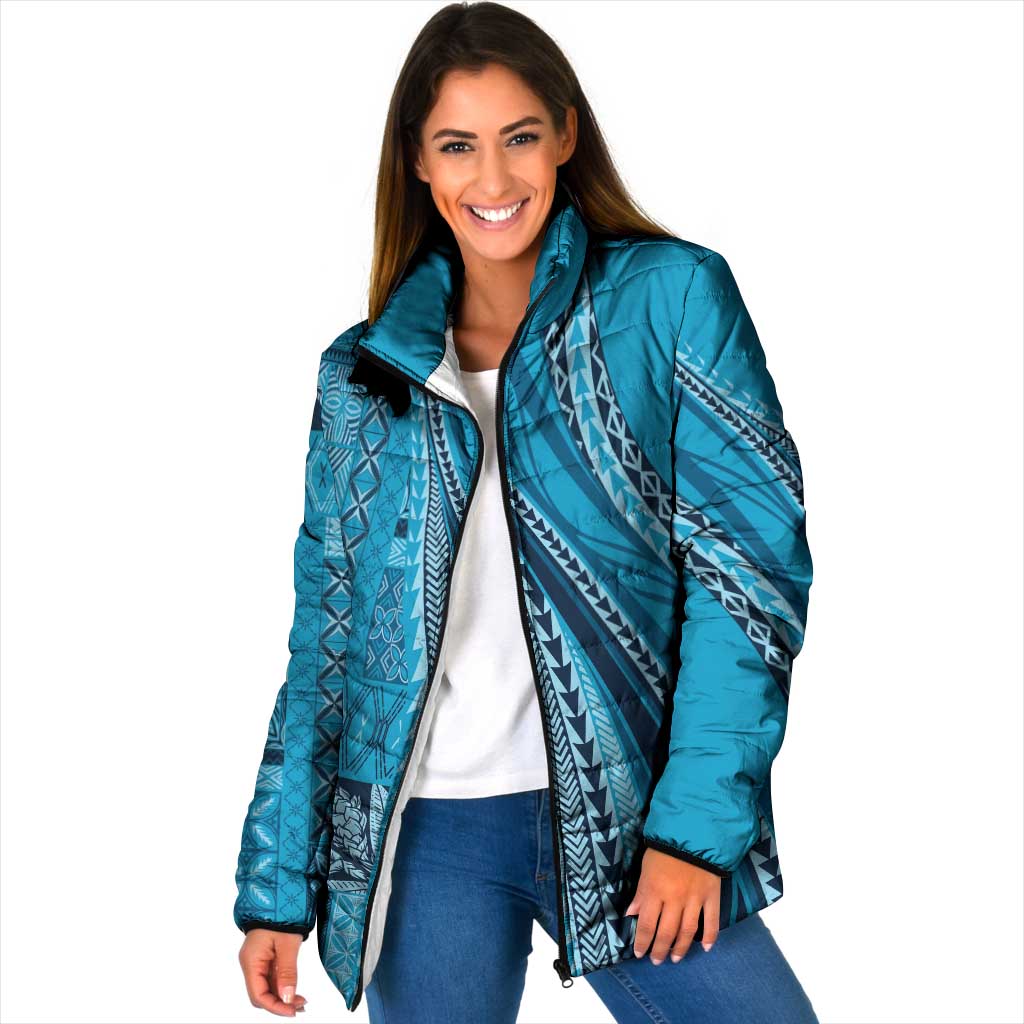 Pasifika Women's Day - Samoa Siapo Malu Tattoo Inspired Padded Jacket Turquoise