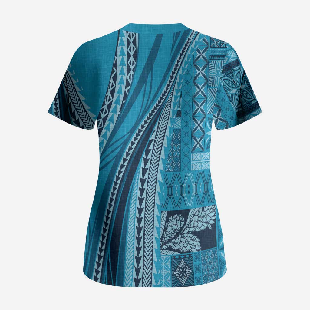 Pasifika Women's Day - Samoa Siapo Malu Tattoo Inspired Scrub Top Turquoise