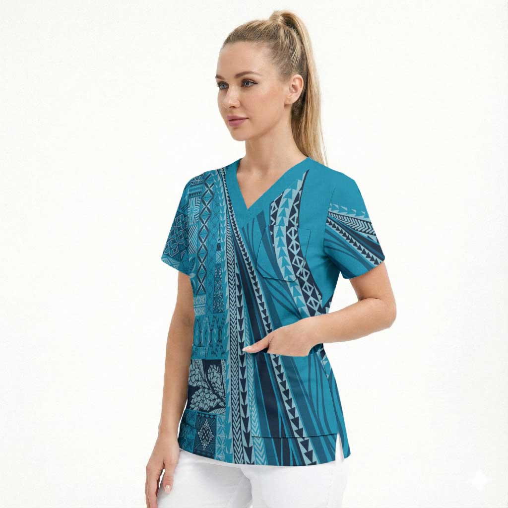 Pasifika Women's Day - Samoa Siapo Malu Tattoo Inspired Scrub Top Turquoise
