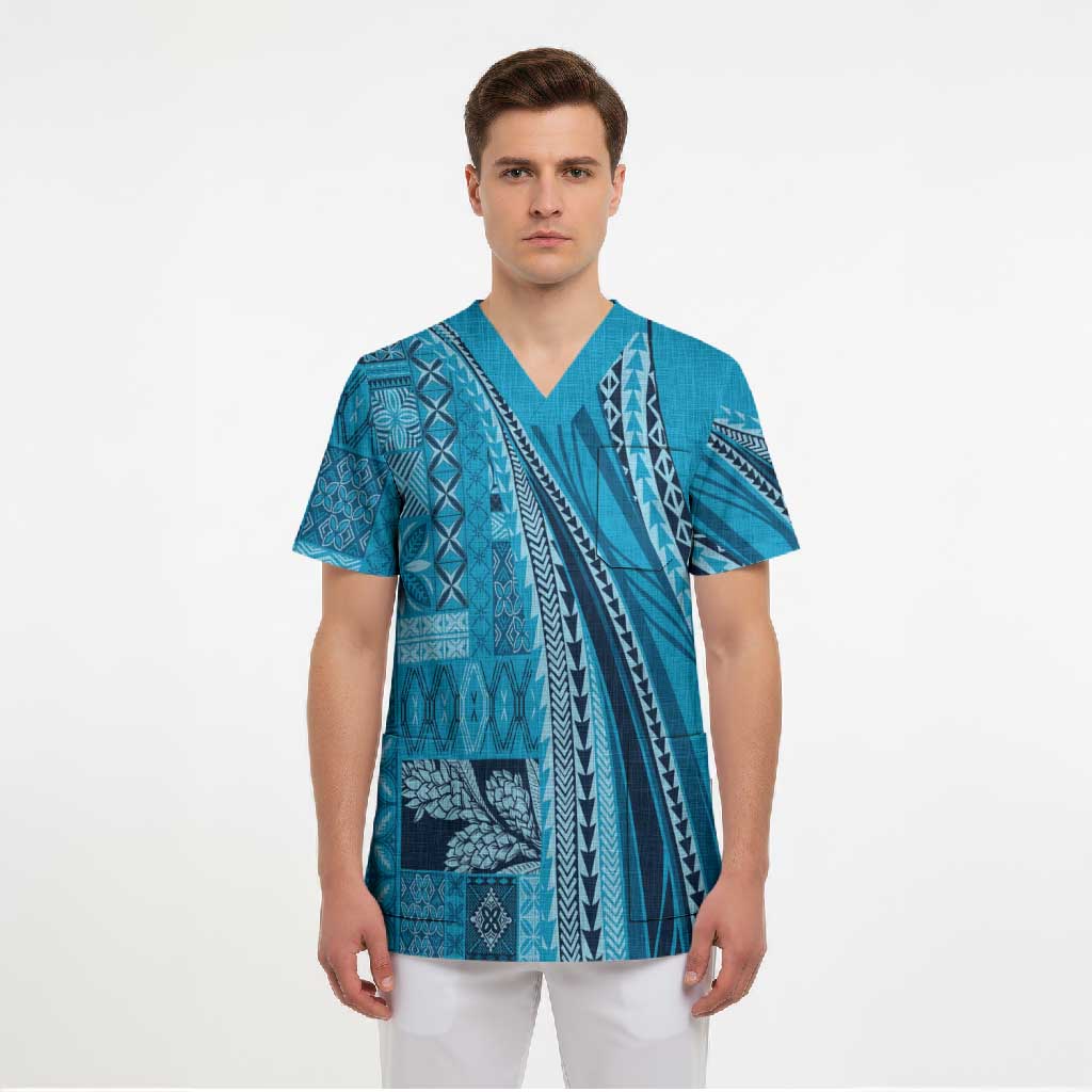 Pasifika Women's Day - Samoa Siapo Malu Tattoo Inspired Scrub Top Turquoise