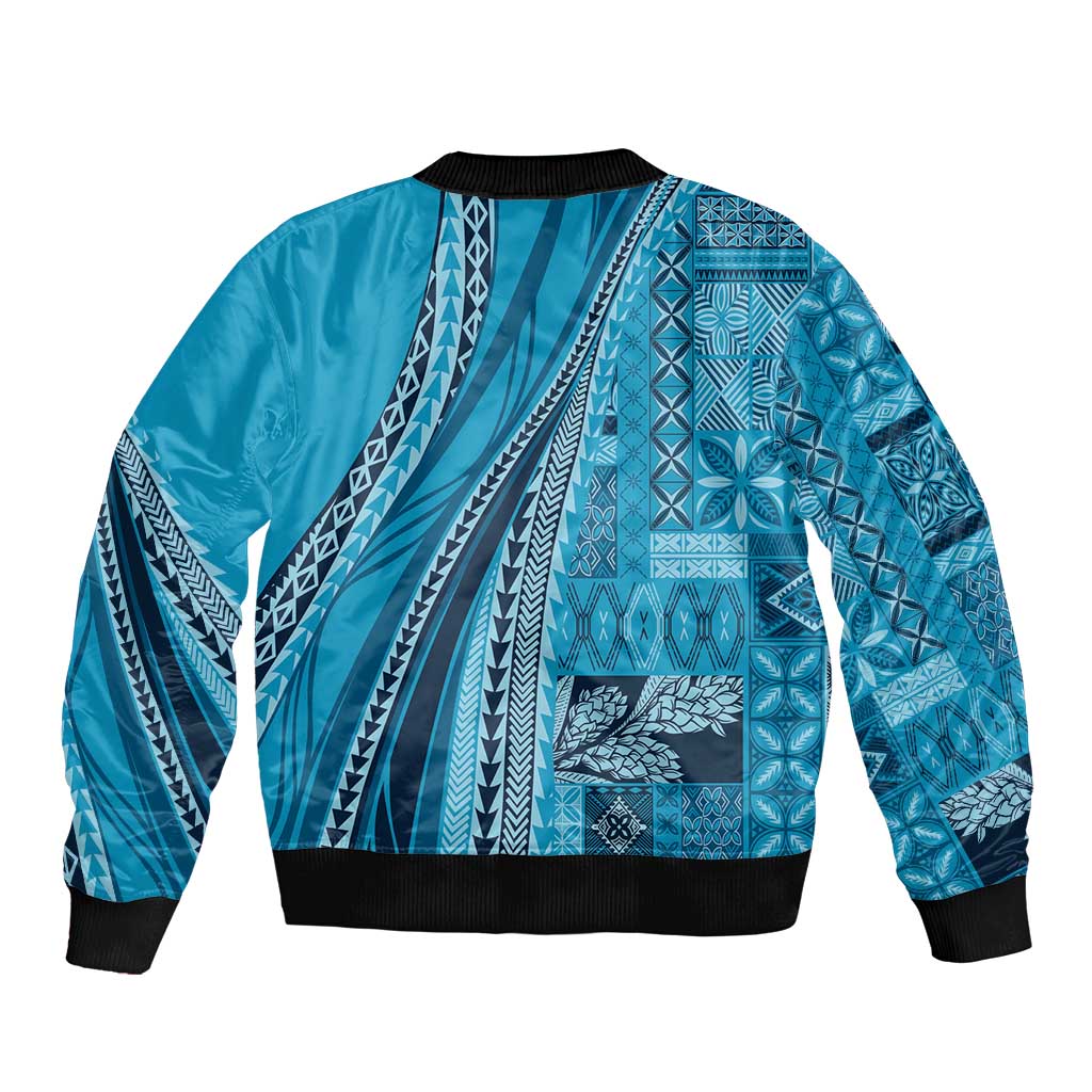 Pasifika Women's Day - Samoa Siapo Malu Tattoo Inspired Sleeve Zip Bomber Jacket Turquoise LT7 - Polynesian Pride