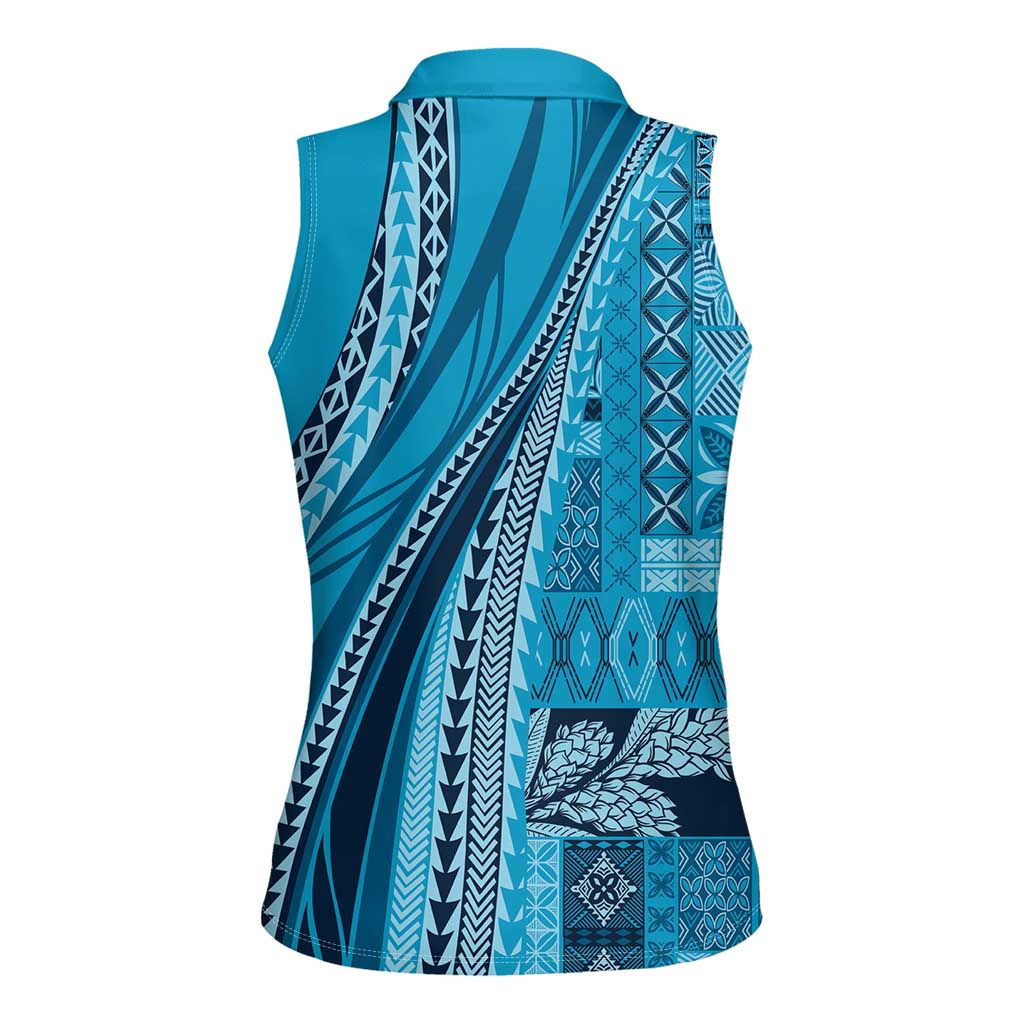 Pasifika Women's Day - Samoa Siapo Malu Tattoo Inspired Women Sleeveless Polo Shirt Turquoise LT7 - Polynesian Pride