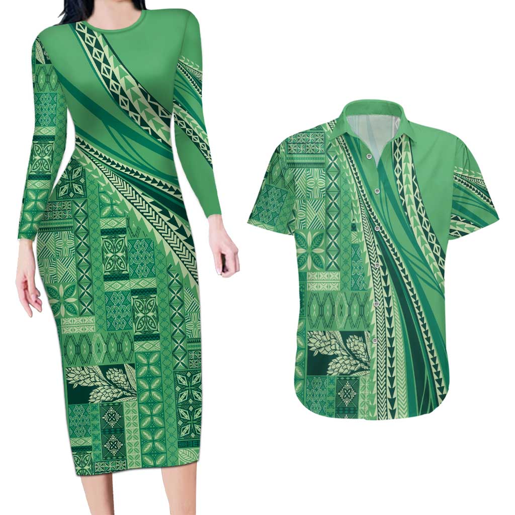 Pasifika Women's Day - Samoa Siapo Malu Tattoo Inspired Couples Matching Long Sleeve Bodycon Dress and Hawaiian Shirt Jade LT7 Jade - Polynesian Pride