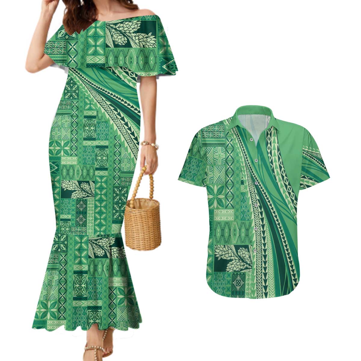 Pasifika Women's Day - Samoa Siapo Malu Tattoo Inspired Couples Matching Mermaid Dress and Hawaiian Shirt Jade LT7 Jade - Polynesian Pride