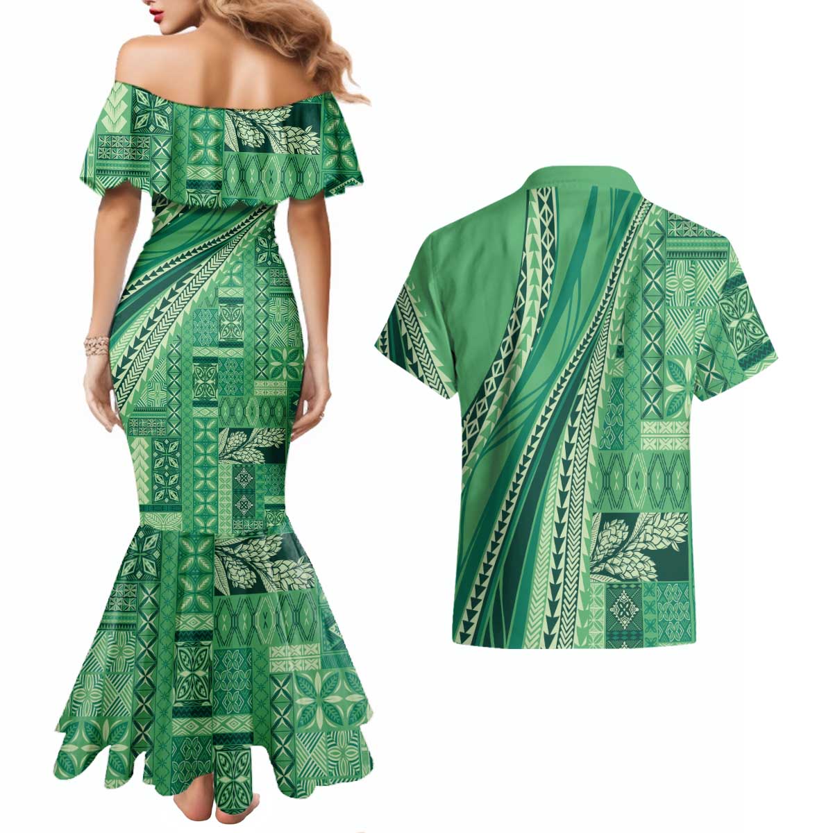 Pasifika Women's Day - Samoa Siapo Malu Tattoo Inspired Couples Matching Mermaid Dress and Hawaiian Shirt Jade LT7 - Polynesian Pride