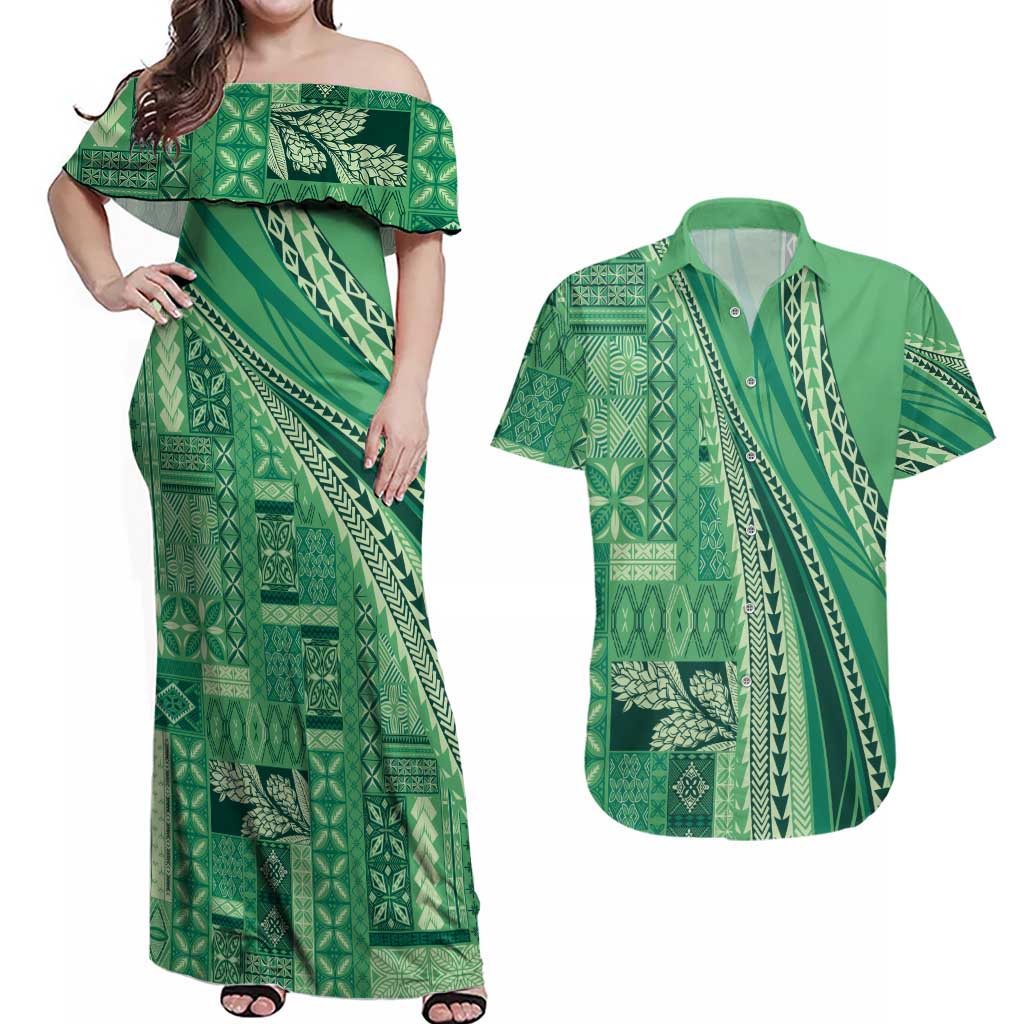 Pasifika Women's Day - Samoa Siapo Malu Tattoo Inspired Couples Matching Off Shoulder Maxi Dress and Hawaiian Shirt Jade LT7 Jade - Polynesian Pride