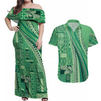 Pasifika Women's Day - Samoa Siapo Malu Tattoo Inspired Couples Matching Off Shoulder Maxi Dress and Hawaiian Shirt Jade LT7 Jade - Polynesian Pride